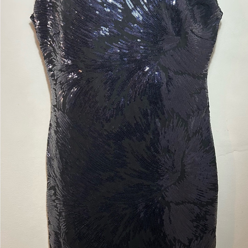 SLNY Black and Purple Sequin Midi Dress